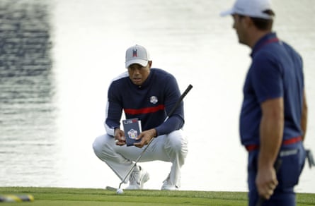 Tiger Woods lines up a put playing for the US at the Ryder Cup