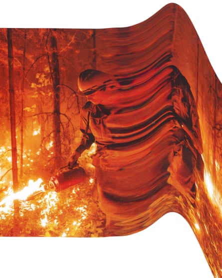 A graphic showing a distorted image of a wildfire