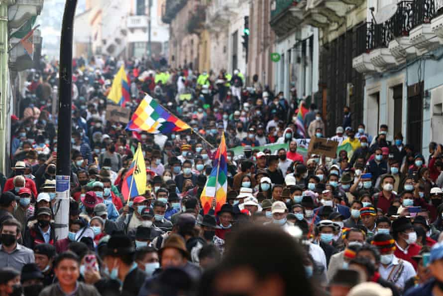 A packed street in Quito with Indigenous protesters