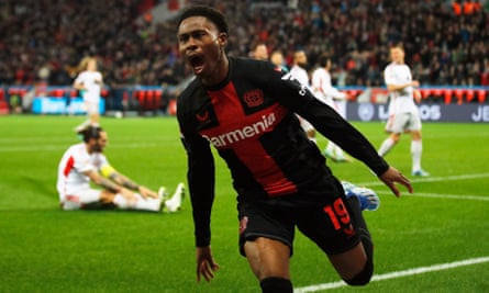 Nathan Tella celebrates after scoring against Union Berlin