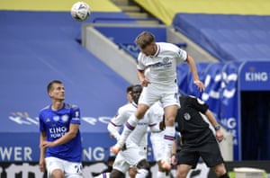 Chelsea’s Billy Gilmour jumps for the ball