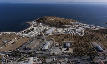 The temporary refugee camp in Kara Tepe is seen from above on 28 September.