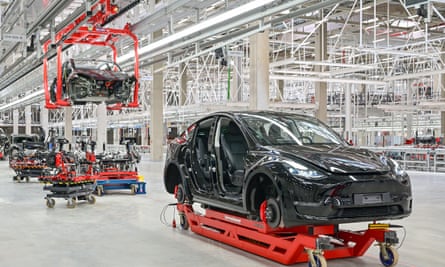 A Tesla production hall in a factory in Grunheide, east of Berlin; electric vehicles are key to the reindustrialisation of the east.