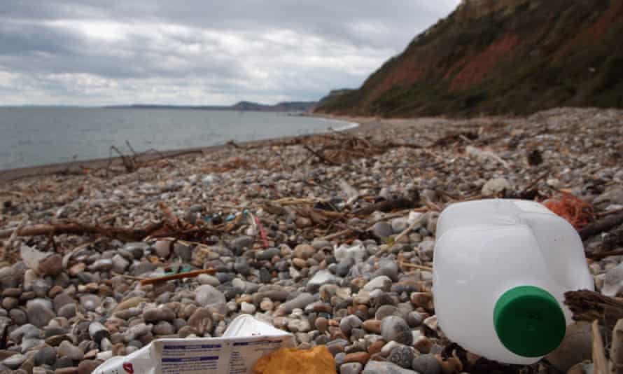 Discarded plastic washed up the beach in Branscombe, England.