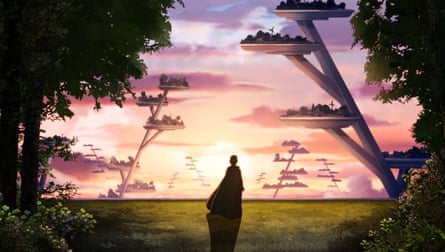 A sunset and some strange futuristic structures in a still from the film Arco.