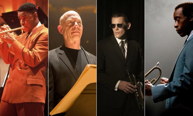 L to R: Mo’ Better Blues, 1990 Denzel Washington as Bleek Gilliam Whiplash 2014, J.K. Simmons as Fletcher Born to be Blue, 2015 Ethan Hawke as Chet Baker Miles Ahead, 2015 Don Cheadle as Miles Davis