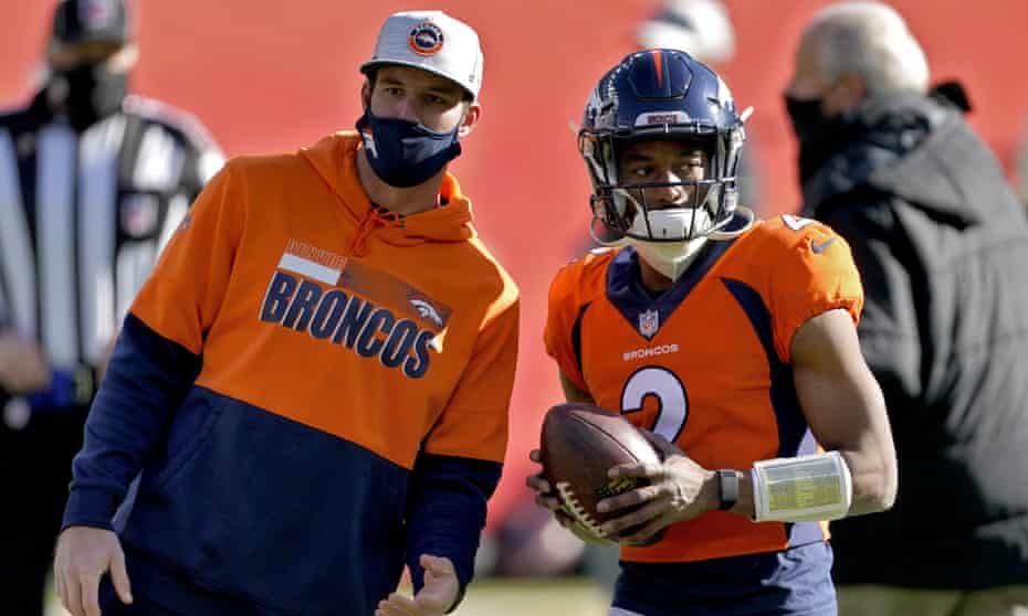The Denver Broncos’ Kendall Hinton, a wide receiver, started as the team’s quarterback on Sunday