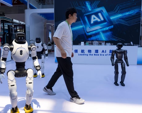 A person at an AI expo at an exhibition centre in China, with robots nearby and an AI sign in the background