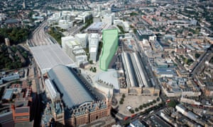 An aerial view marking Google’s future London headquarters, situated between St Pancras and King’s Cross train stations.