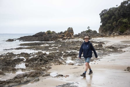 Alison Lester strolls along the beach