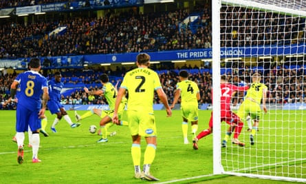 Benoît Badiashile of Chelsea scores the opening goal against Blackburn in the Carabao Cup fourth round.