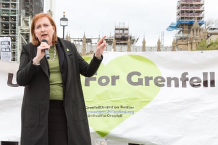 Emma Dent Coad speaking at a demonstration for Grenfell victims opposite parliament