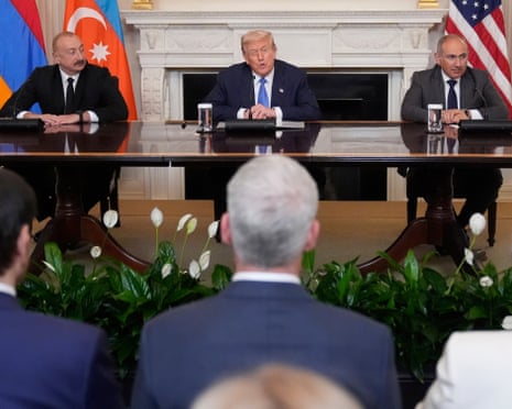 Donald Trump speaks during a trilateral signing ceremony with Azerbaijan’s president, Ilham Aliyev, and Armenia’s prime minister, Nikol Pashinyan.
