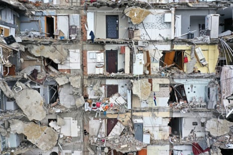 The wrecked interiors of a damaged building in Adana, Turkey.