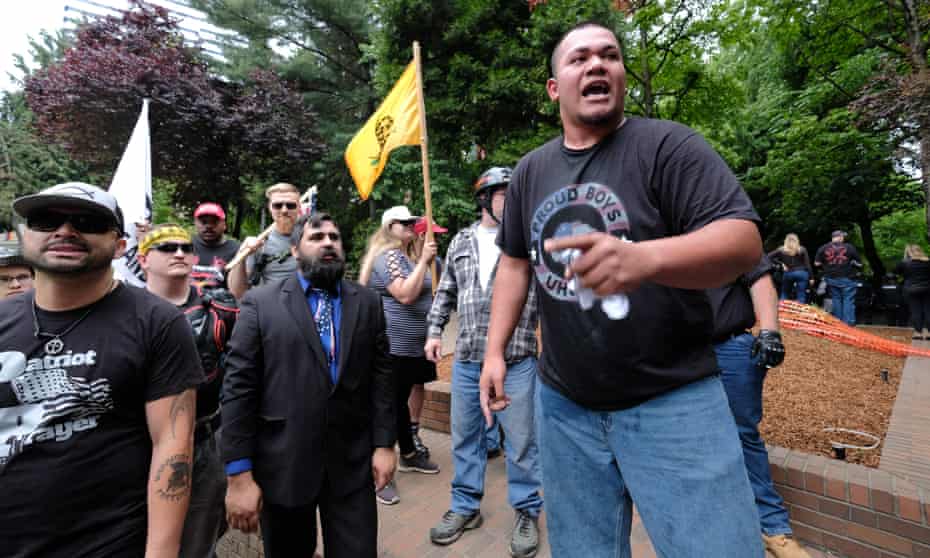 Tusitala “Tiny” Toese addresses Patriot Prayer supporters after fighting broke out between counter-protesters on 3 June in Portland, Oregon.