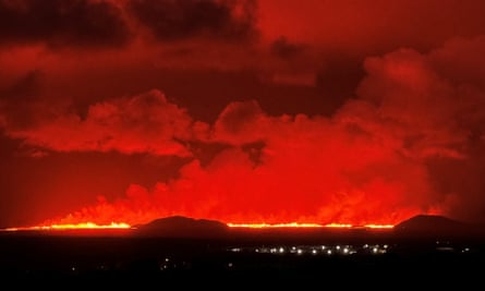 A volcano erupts, near Vogar, Iceland