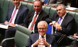 Peter Dutton, Barnaby Joyce and Joe Hockey look on as Malcolm Turnbull faces his first question time as prime minister.