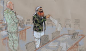 A courtroom sketch of Khalid Sheikh Mohammed, whose defense team said it received a sealed order in February that the judge had permitted the government to destroy evidence.