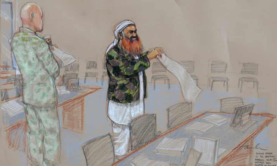 A courtroom sketch of Khalid Sheikh Mohammed, whose defense team said it received a sealed order in February that the judge had permitted the government to destroy evidence.