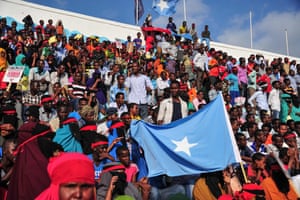 People take part in a demonstration on 18 October at the Conis stadium in Mogadishu