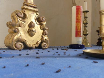 Bat droppings on the floor of St Botolph’s in Banningham, Norfolk