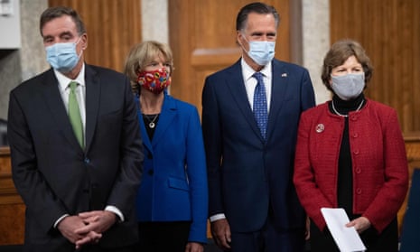 Senators (from left) Mark Warner, Lisa Murkowski, Mitt Romney and Jeanne Shaheen listen as a bipartisan group of members of Congress announce a proposal for a Covid relief bill.