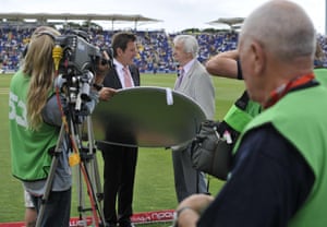 Mark Nicholas and Richie Benaud during a Channel 5 broadcast when England played Australia in the first Test at Cardiff in Wales in July 2009.