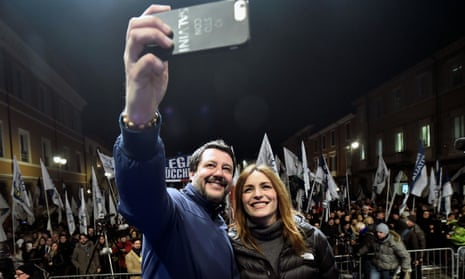 Matteo Salvini takes a selfie with Lucia Borgonzoni, the rightwing coalition’s candidate for Emilia-Romagna