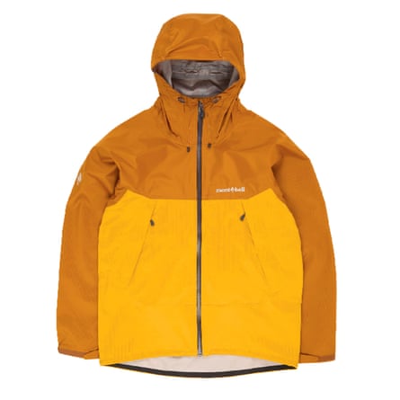 A two-tone orange waterproof hooded jacket on a white background