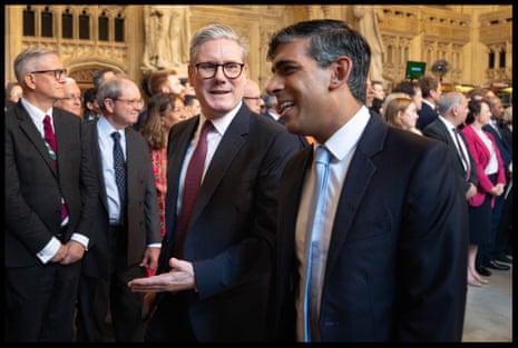 Newly elected prime minister Keir Starmer and then leader of the opposition Rishi Sunak walking through the member’s lobby of the Houses of Parliament in July 2024.