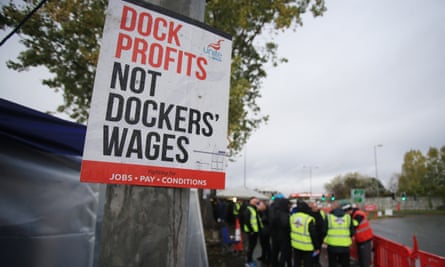 A sign reads "Dock profits not dockers' wages"