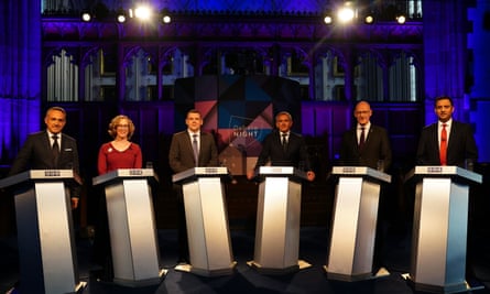 Scottish party leaders standing behind podiums during TV debate