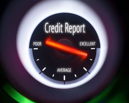 a credit report illustration using a speedometer style gauge to show excellent, average and poor