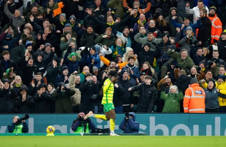 Rowe celebrates scoring in front of the Norwich fans.