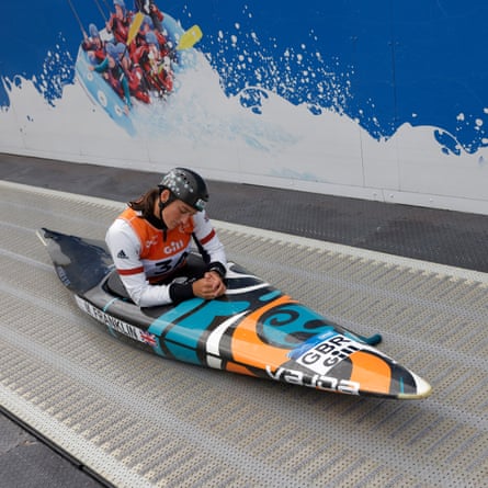 Mallory Franklin of Great Britain deep in thought as she takes the elevator up to the top of the course before taking part in the women’s canoe team event.
