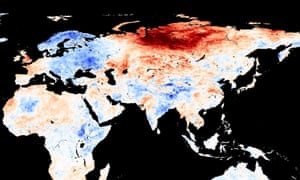A map showing places warmer (red) or cooler (blue) in May than the long-term average