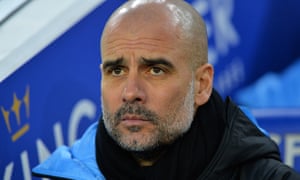 Pep Guardiola watches his side’s 1-0 victory at Leicester.
