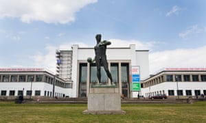 Copper Statue Ball Launcher from 1907 in front of the German Hygiene Museum in Dresden