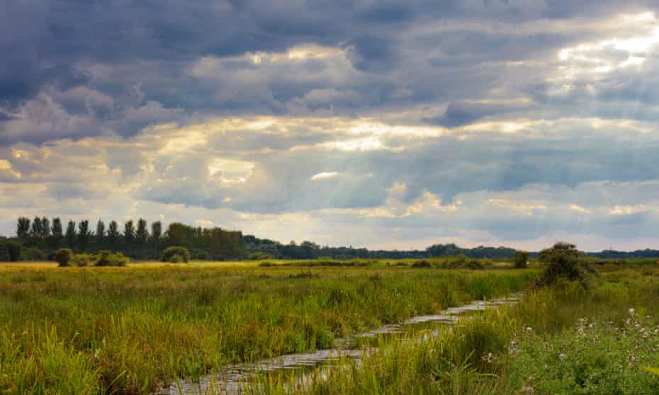Sun rays pour through heavy clouds over Carlton Marshes nature reserve