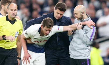Jan Vertonghen is helped off after suffering a head injury during Tottenham’s Champions League semi-final against Ajax in April 2019.