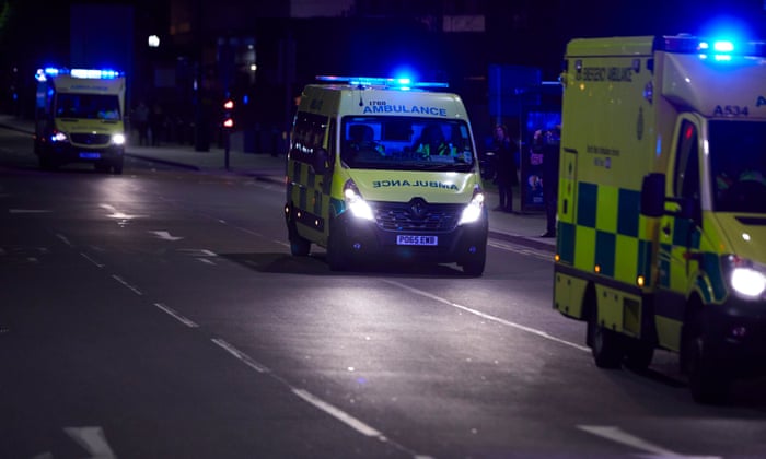 A fleet of ambulances arriving at Manchester Arena