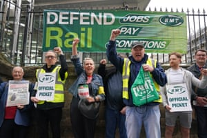 Edinburgh, Scotland The picket line outside Waverley station, as train services continue to be disrupted after the nationwide strike by members of the RMT union