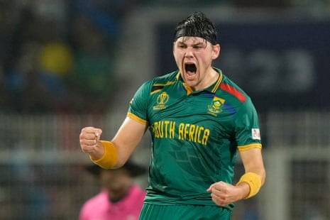 Gerald Coetzee celebrates the dismissal of Australia's Steve Smith.