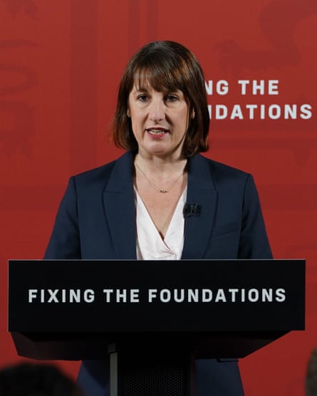 Rachel Reeves speaking at a podium bearing the slogan 'fixing the foundations'