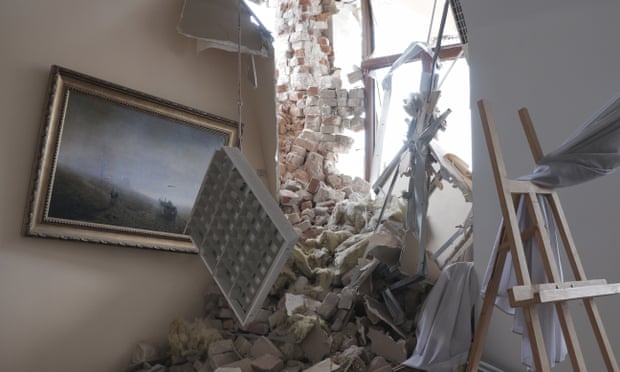 A view of a hall in the museum of Arkhip Kuindzhi, a Russian landscape artist, destroyed after shelling by Russian-backed separatist forces in Mariupol.