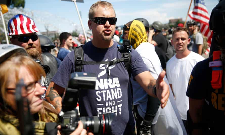 A supporter of the far-right group Patriot Prayer argues with counter-demonstrators on Saturday.