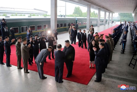 North Korea’s official Korean Central news agency (KCNA) Kim Jong-un receiving a send-off as he departs by train from Pyongyang.