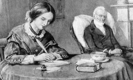 Illustration of Victorian novelist and painter Charlotte Bronte (1816-1855) with her ailing father in the background. 
