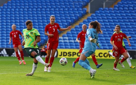 Sam Kerr fails to make any contact with Courtney Nevin’s free-kick for Australia’s opening goal.