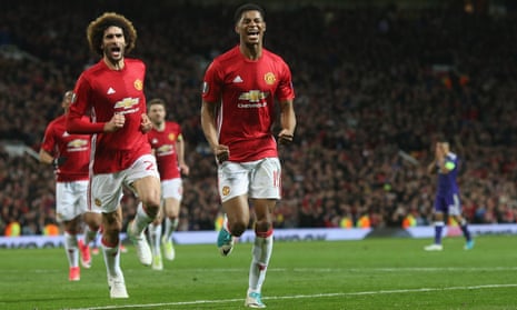 Marcus Rashford celebrates scoring Manchester United’s second goal.